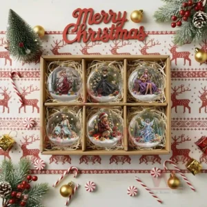 Taylor Swift Beautiful Dress Christmas Ornament 9 The image displays six decorative ornaments in a holiday gift box each presenting a stylized woman dressed in a festive outfit inside a snowy scene.