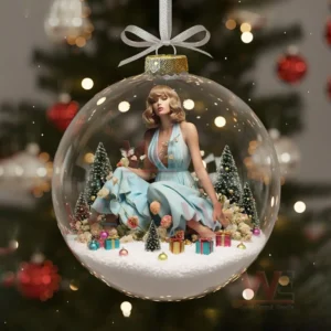 Taylor Swift Beautiful Dress Christmas Ornament 10 The image displays a festive ornament showing a woman in a blue dress surrounded by snow trees and presents.