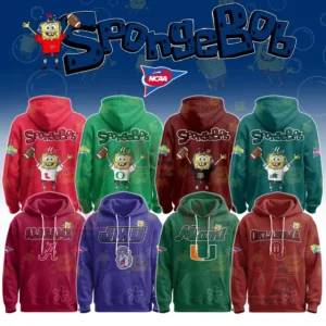 SpongeBob themed college football hoodies displayed in multiple colors for sports fans!