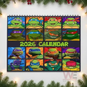 A grid of animated turtle hero faces presented as a lively themed calendar cover!