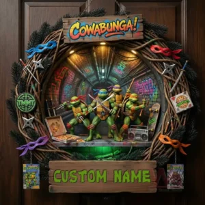 Christmas wreath with four green turtle heroes city tunnel background pine branches action props pizza items and colorful decorations hanging on a wooden door!