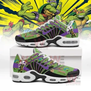 A pair of brightly colored sneakers shown with turtle graphics and bold lines forming an action filled design!
