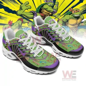 Angled view of themed sneakers decorated with cartoon turtle motifs and bright contrasting colors!