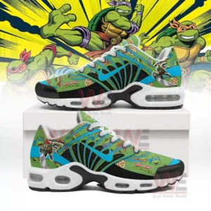 A pair of colorful sneakers shown with bold blue lines dynamic graphics and multiple turtle faces arranged across the surface!