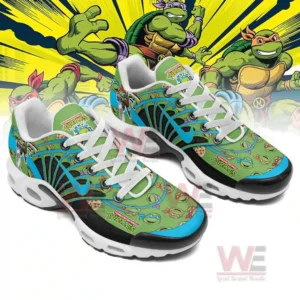 Angled view of themed sneakers decorated with bright blue accents and cartoon turtle graphics spread across the uppers!