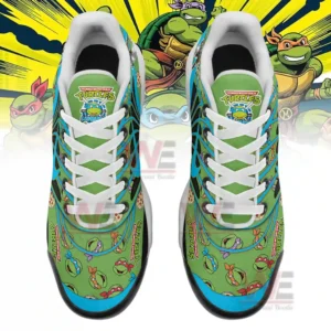 Overhead view of patterned sneakers featuring uniform turtle graphics and vivid color detailing!