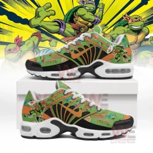A pair of colorful sneakers shown with bold orange lines dynamic graphics and multiple turtle faces arranged across the surface!