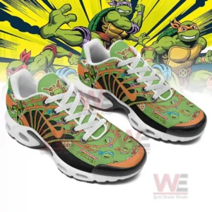 Angled view of themed sneakers decorated with bright orange accents and cartoon turtle graphics spread across the uppers!