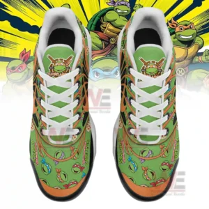 Overhead view of patterned sneakers featuring uniform turtle graphics and vivid color detailing!
