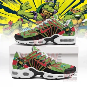 A pair of colorful sneakers shown with bold red lines dynamic graphics and multiple turtle faces arranged across the surface!