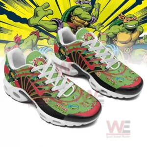 Angled view of themed sneakers decorated with bright red accents and cartoon turtle graphics spread across the uppers!