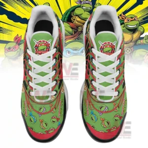 Overhead view of patterned sneakers featuring uniform turtle graphics and vivid color detailing!