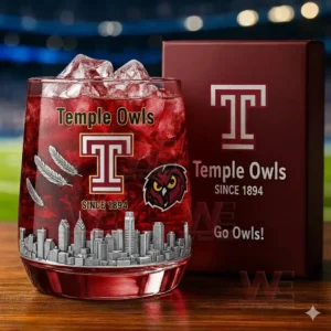 A red iced Temple Owls glass beside a matching maroon box with a stadium backdrop!