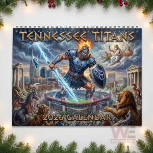 Tennessee Titans twenty twenty six calendar cover showing a giant armored titan with a lightning sword above the stadium surrounded by mythic figures and creatures.