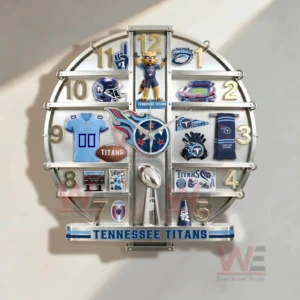 Three dimensional Tennessee Titans wall clock with metallic frame team logo mascot sports gear and blue white color theme mounted on a wall!