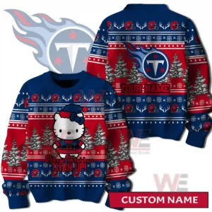 A holiday themed Tennessee Titans sweater featuring a central character snowy trees and supportive Titan Up text!