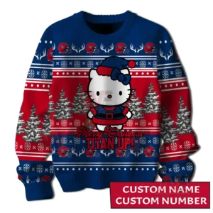 Front view of a Tennessee Titans holiday sweater with a cute character snowy trees and team themed decorations!