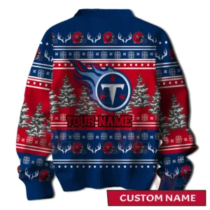 Back view of a Tennessee Titans holiday sweater with the team logo snowy trees and festive patterns!```
