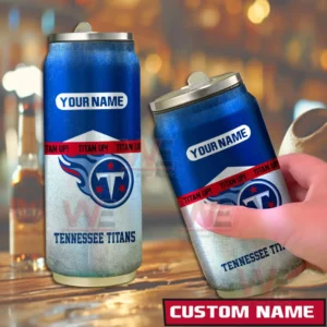 Two angle view of a custom name Tennessee Titans can shaped tumbler in blue and silver.