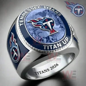 Silver Tennessee Titans ring with a blue gemstone style top displaying the Titans logo and engraved text Tennessee Titans Titan Up and Titans 2026.