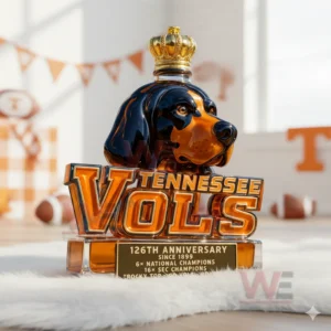 Glass dog mascot bottle with amber liquid gold crown cap and Tennessee themed sports room background on a white rug!