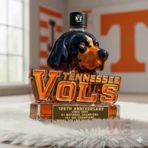 Tennessee Volunteers 126th Anniversary Custom Whiskey Bottle 6 Dog head glass bottle with amber liquid black cap and orange Tennessee themed background on a white rug!