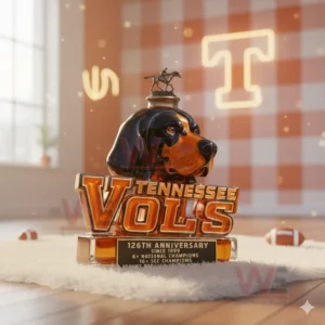 Tennessee Volunteers 126th Anniversary Custom Whiskey Bottle 7 Glass dog mascot bottle with amber liquid horse topper and orange sports themed background on a soft white surface!