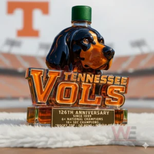 Tennessee Volunteers 126th Anniversary Custom Whiskey Bottle 8 Dog shaped glass mascot bottle with amber liquid green cap and Tennessee stadium style background on a white rug!