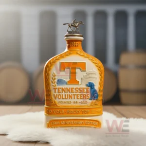 Orange Tennessee Volunteers anniversary bottle with embossed graphics standing on a white fur rug in front of a rustic barrel filled background!