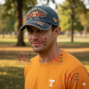 Man wearing a distressed denim anniversary cap with a T logo and embroidered text in a park background!