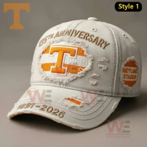Distressed light colored Tennessee Volunteers anniversary baseball cap with orange T logo and embroidered details!