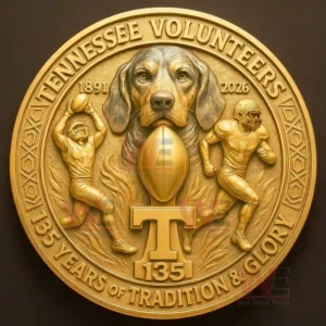 Gold medallion with a central dog portrait a football emblem and two football players marking the one hundred thirty fifth anniversary of the Tennessee Volunteers!