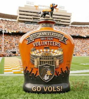 Tennessee Volunteers 135th Anniversary Whiskey Bottle 4 Tennessee Volunteers commemorative whiskey decanter displayed on a football field with stadium crowd!