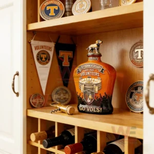 Tennessee Volunteers 135th Anniversary Whiskey Bottle 5 Tennessee Volunteers anniversary whiskey decanter displayed in a cabinet with team memorabilia!