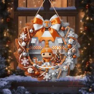 Tennessee Volunteers Christmas Wreath 4 A festive wreath with team inspired colors and a mascot figure shown in front of a winter window setting!