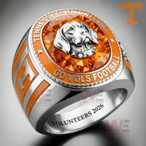 Tennessee Volunteers orange and silver ring with faceted orange gemstone face and dog mascot emblem.