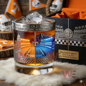 Whiskey glass with ice and a dual era stadium illustration displayed beside a themed collector box!