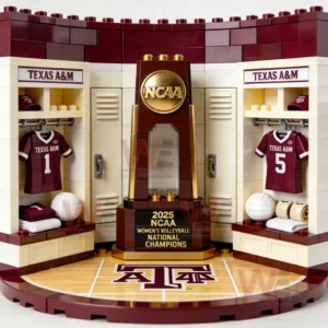 Texas AM brick built locker room display with maroon jerseys a central NCAA trophy and a base labeled twenty twenty five NCAA womens volleyball national champions.