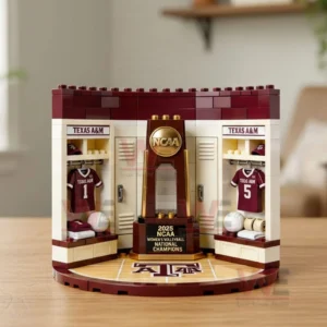 Texas AM brick built championship locker room scene on a wooden table with side lockers maroon jerseys and a central NCAA trophy display.