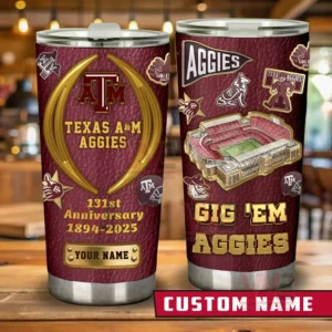 Two maroon Texas AM Aggies stainless tumblers with anniversary text stadium illustration team icons and a custom name plate shown from front and back views!