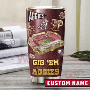 Maroon Texas AM Aggies tumbler with stadium illustration team icons and large Gig Em Aggies text shown on a tabletop with custom name option!