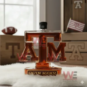 A Texas A M letter bottle with a black top standing on a fluffy rug in a bright sports themed room!