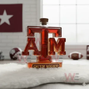 A Texas A M bottle with a wooden top standing on a rug in a bright minimal sports room!