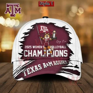 Texas AM women volleyball champions cap with maroon white color scheme and celebratory graphic design!