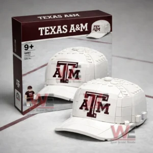 White brick built cap with Texas A M logo shown with matching product box!