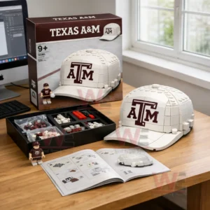 Texas A&M Aggies Brick-Built Cap Building Blocks 4 Brick built Texas A M cap displayed on a desk with building parts and instruction manual!