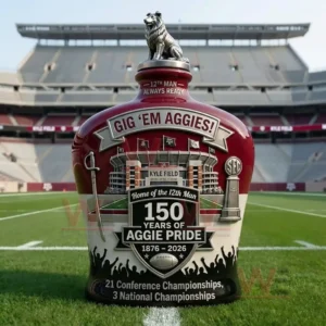 A bottle with Texas A and M anniversary designs positioned on a football field!