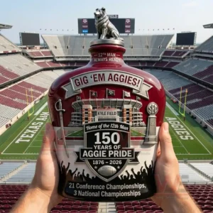 A held bottle with Texas A and M anniversary designs shown inside a stadium!