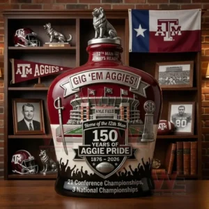 A bottle with Texas A and M anniversary designs positioned among sports memorabilia!