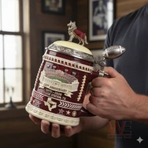 Texas A&M Aggies 150th Anniversary 1876-2026 Beer Stein 3 Hands holding a detailed college anniversary beer stein with a stadium graphic mascot topper and decorative handle!
